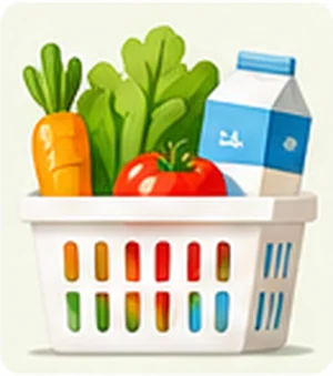 野菜と牛乳が入った買い物かごのイラスト